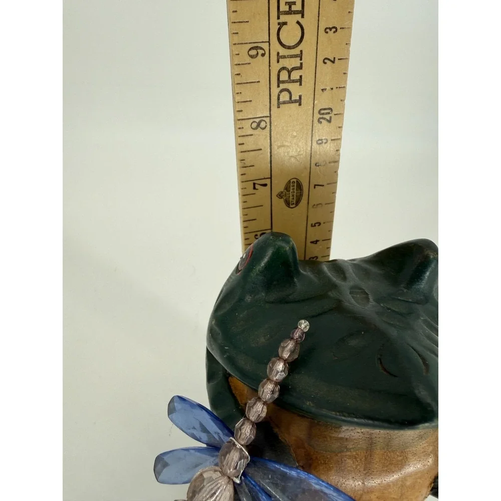 Hand Carved Wooden Frog Figurine Holding‎ Dragonfly Rustic Folk Art Decor